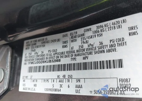 2019 Ford Escape Se from USA, damaged, VIN 1FMCU0GD8KUB32988